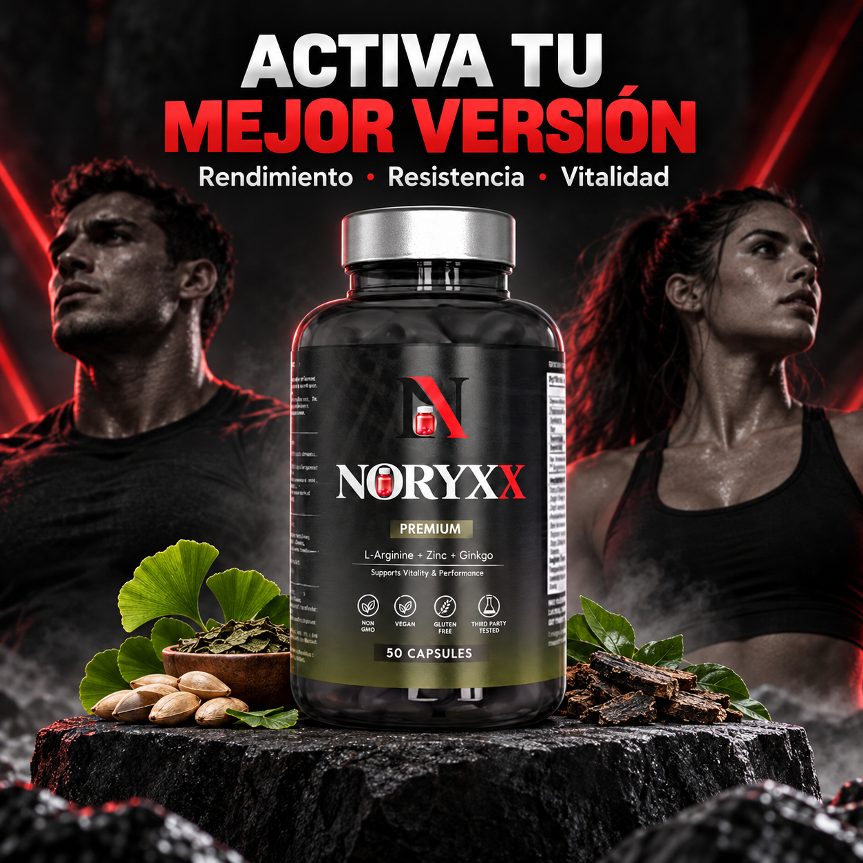 NORYXX Black Maca 20:1 con L-Arginina, Zinc, B6 y B12 | 50 cápsulas
