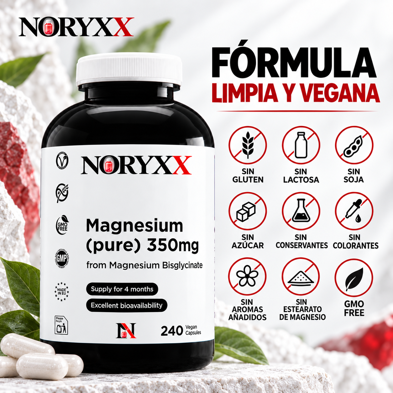 NORYXX Magnesio Puro 350 mg | Bisglicinato | 240 Cápsulas Veganas