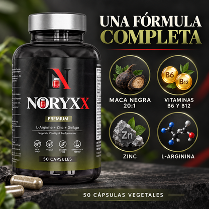 NORYXX Black Maca 20:1 con L-Arginina, Zinc, B6 y B12 | 50 cápsulas