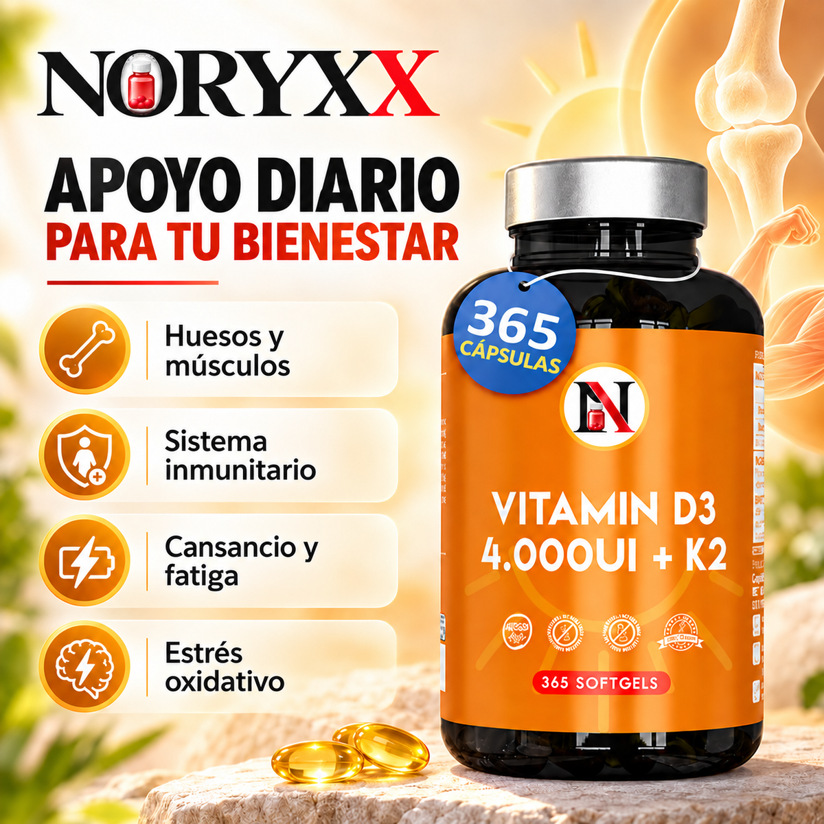 NORYXX Vitamina D3 4.000 UI + K2 MK-7 | 365 cápsulas