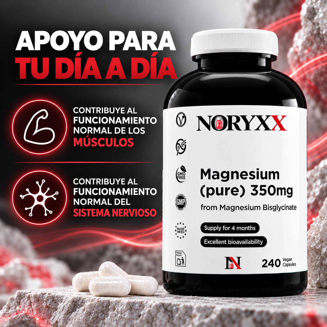 NORYXX Magnesio Puro 350 mg | Bisglicinato | 240 Cápsulas Veganas