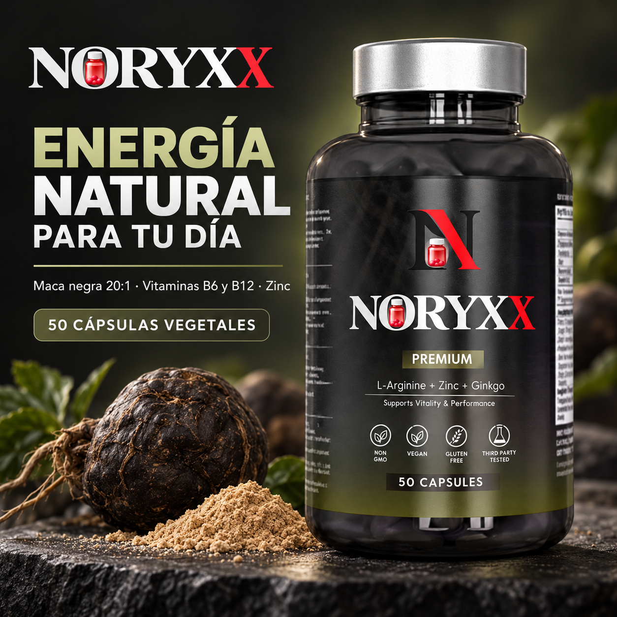 NORYXX Black Maca 20:1 con L-Arginina, Zinc, B6 y B12 | 50 cápsulas