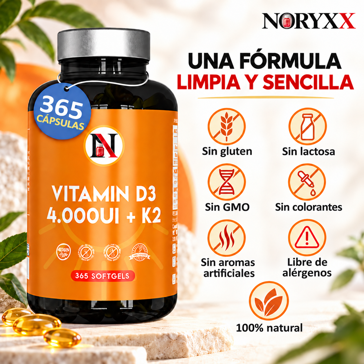 NORYXX Vitamina D3 4.000 UI + K2 MK-7 | 365 cápsulas